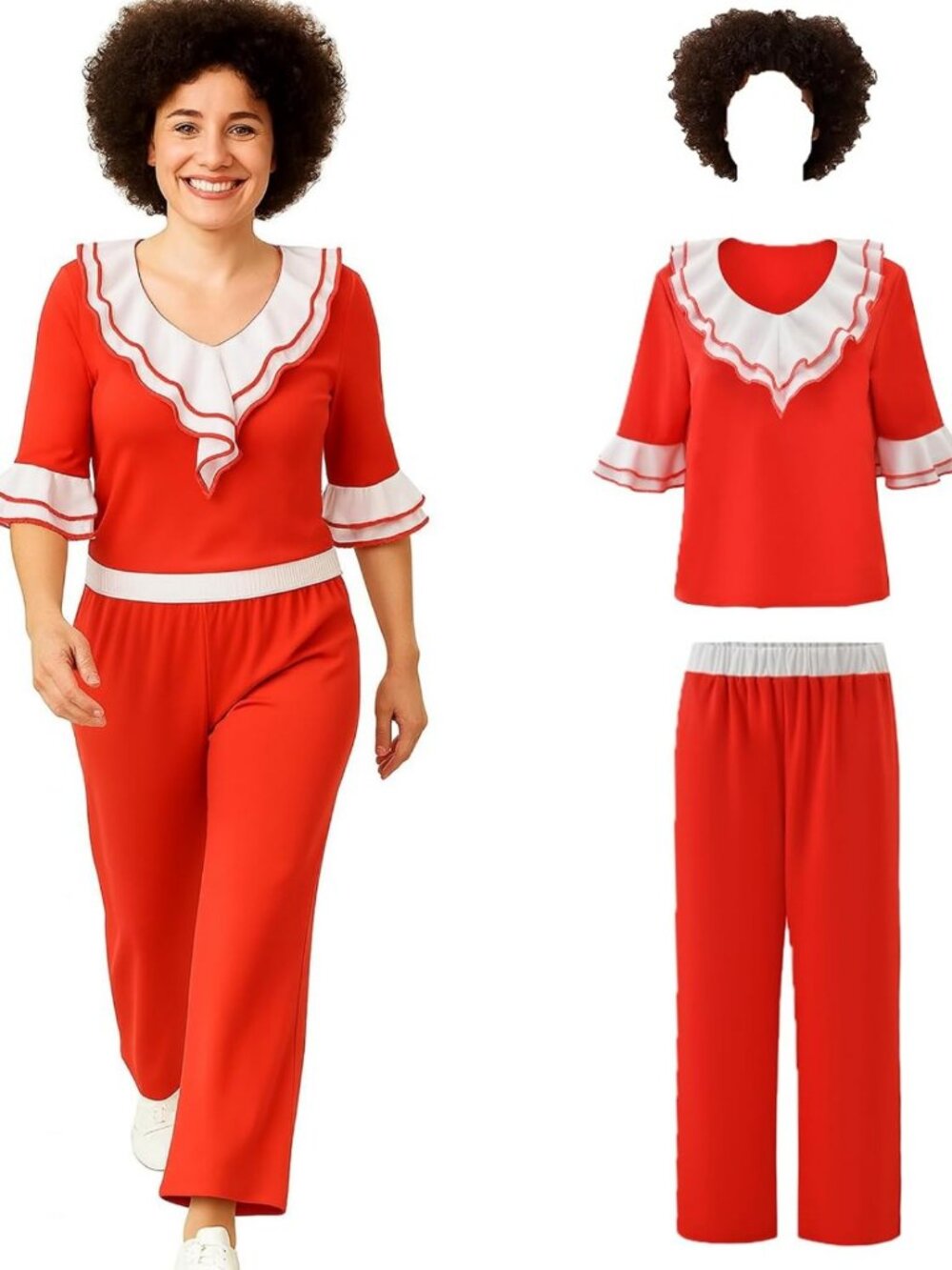 50th Birthday Women's Red T-Shirt & Pants Costume with Big Wavy Wig - Halloween